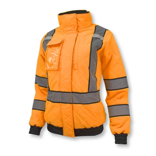 [SJ930-3ZOW-S] Women's Jacket Class 3 High Visibility • Silver Reflective Tape • Black Contrast Trim • Diamond Quilted PU Coated Polyester Shell • Fleece Lined • 6 Pockets Hi-Vis Orange - Size S