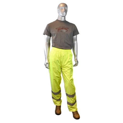 [RW10-ES1Y-M] Rain Pants 150D PU Coated Oxford Poly Shell • Slash Pockets • Adjustable Cuffs with Snaps • Elastic Waist • ANSI 107-2015 Class E Hi-Vis Green - Size M
