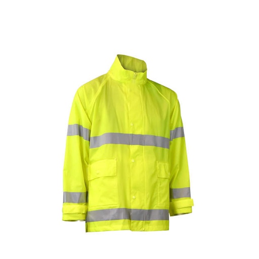 [RW25J-3ZGV-M] Rainwear Jacket 20mm PVC/NYLON • ANSI 107-2015 Type R Class 3 • Vented Back Cape • ETP™ Collar • Hook & Loop Adjustable Cuffs • Detachable Hood Hi-Vis Green - Size M