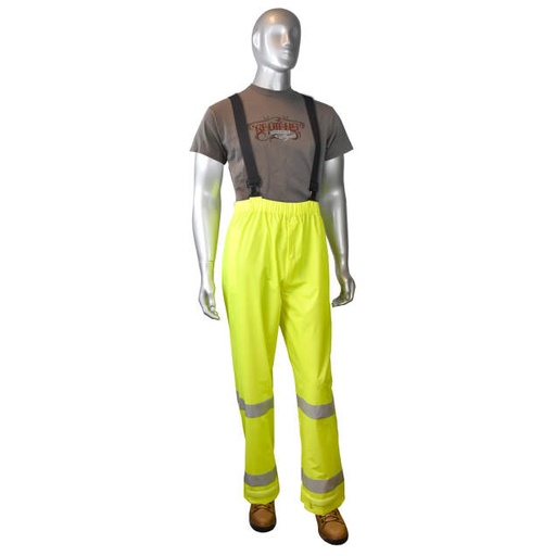 [RW25P-EZGV-M] Rainwear Pants 20mm PVC/NYLON • ANSI 107-2015 Class E • Detachable Suspenders on Waist • Pass Through Side Pocket Access Hi-Vis Green - Size M