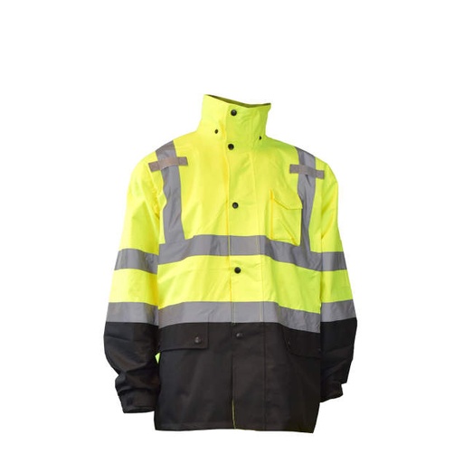 [RW30-3Z1Y-XL] Rain Jacket 300D PU Coated Oxford Poly Shell • Two Tone • Vented Cape with D-Ring • Adjustable Cuffs • Multiple Pockets • ANSI 107-2015 Type R Class 3 Hi-Vis Green - Size XL