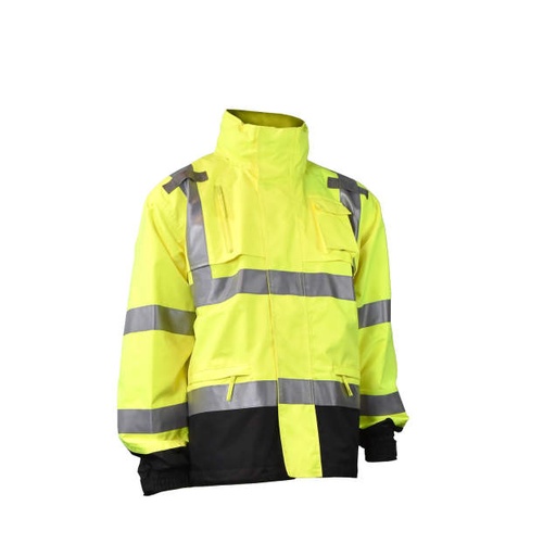 [RW32-3Z1Y-L] Rain Jacket 300D PU Coated Rip Stop Oxford Poly Waterproof Shell • 2 Tone • 3M Reflective Tape • Vented Cape • D-Ring • ANSI 107-2015 Type R Class 3 Hi-Vis Green - Size L