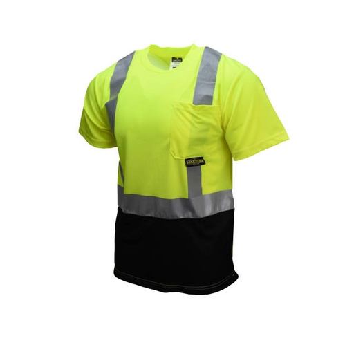 [ST11B-2PGS-M] Color Blocked • Max-Dri Moisture Wicking T-Shirt • 2" Tape • 1 Horizontal Tape • Chest Pocket • ANSI/ISEA 107 Type R Class 2 Hi-Vis Green / Black - Size M