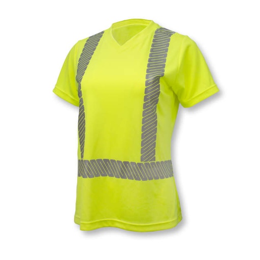 [ST11W-2PGS-M] Women's Max-Dri Moisture Wicking Birdseye Mesh TShirt • 2" Flexible Segmented Heat Transfer Tape • V-Neck • Short Sleeve • ANSI/ISEA 107 Type R Class 2 Hi-Vis Green - Size M
