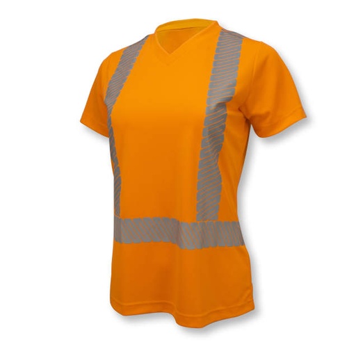 [ST11W-2POS-2X] Women's Max-Dri Moisture Wicking Birdseye Mesh TShirt • 2" Flexible Segmented Heat Transfer Tape • V-Neck • Short Sleeve • ANSI/ISEA 107 Type R Class 2 Hi-Vis Orange - Size 2X