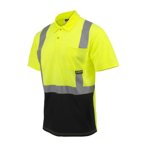 [ST12B-2PGS-5X] Polo Shirt 2” Premium Heat Transferred, Stretchable Reflective Tape • 1 Horizontal Stripe • Left Chest Pocket • Color Blocking at Bottom Hi-Vis Green - Size 5X