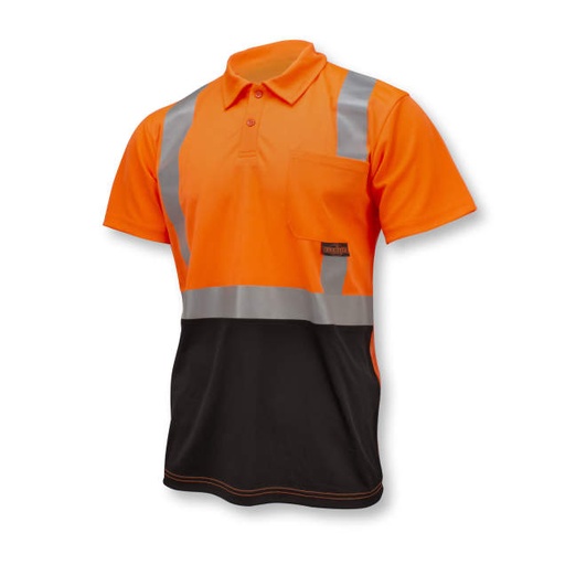 [ST12B-2POS-L] Polo Shirt 2” Premium Heat Transferred, Stretchable Reflective Tape • 1 Horizontal Stripe • Left Chest Pocket • Color Blocking at Bottom Hi-Vis Orange - Size L