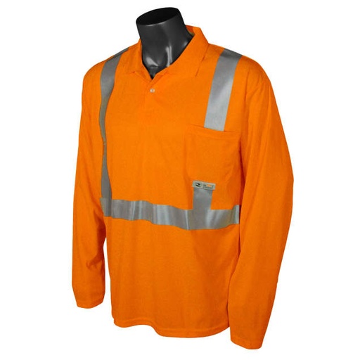[ST22-2POS-M] Max-Dri Moisture Wicking Long Sleeve Polo Shirt • 2" Tape • 1 Horizontal Tape • Chest Pocket • ANSI/ISEA 107 Type R Class 2 Hi-Vis Orange - Size M