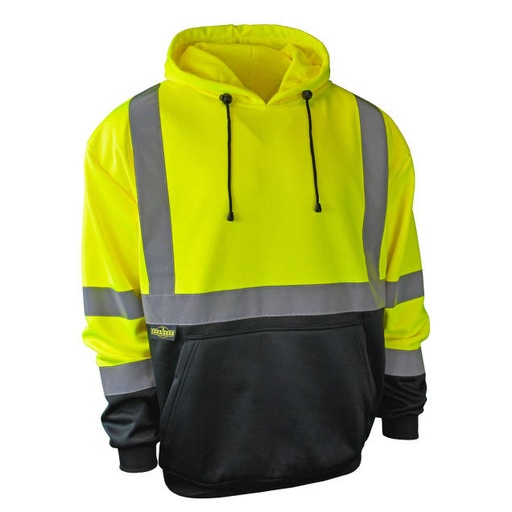 [SJ02B-3PGS-M] Pullover • Color Blocked Bottom • Birds-Eye Mesh Lined Hood • Low Piling Fleece • 2 Lower Front Pockets • ANSI/ISEA 107 Type R Class 3 Hi-Vis Green / Black - Size M