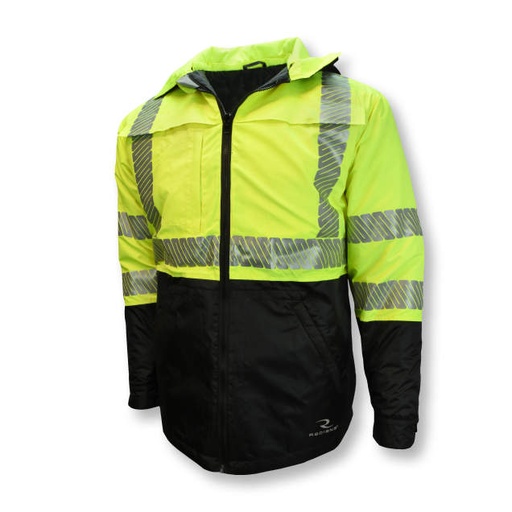[SJ04-3SGR-L] Reversible Insulated Jacket • Water Repellent Ripstop Fabric • Segment Reflective Tape • Zip Close • Removable Hood • ANSI/ISEA 107 Type R Cl 3 Hi-Vis Green - Size L