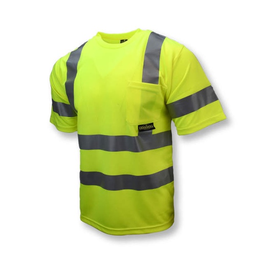 [ST11-3PGS-XL] Max-Dri Moisture Wicking T-Shirt • 2" Tape • 2 Horizontal Stripes • Chest Pocket • ANSI/ISEA 107 Type R Class 3 Hi-Vis Green - Size XL