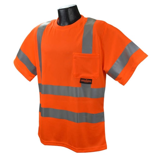 [ST11-3POS-M] Max-Dri Moisture Wicking T-Shirt • 2" Tape • 2 Horizontal Stripes • Chest Pocket • ANSI/ISEA 107 Type R Class 3 Hi-Vis Orange - Size M