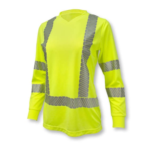 [ST21W-3PGS-L] Women's Max-Dri Moisture Wicking Birdseye Mesh Long Sleeve TShirt • 2" Flexible Segmented Heat Transfer Tape • V-Neck • Long Sleeve • ANSI/ISEA 107 Type R Class 3 Hi-Vis Green - Size L