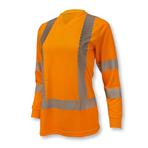 [ST21W-3POS-XL] Women's Max-Dri Moisture Wicking Birdseye Mesh Long Sleeve TShirt • 2" Flexible Segmented Heat Transfer Tape • V-Neck • Long Sleeve • ANSI/ISEA 107 Type R Class 3 Hi-Vis Orange - Size XL