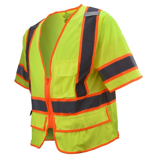 [SV2725-3ZGM-M] Vest D6413 Self Extinguishing Treated Fabric • Two-Tone Reflective Trim • Zipper Closure • ANSI/ISEA 107 Type R Class 3 Hi-Vis Green - Size M