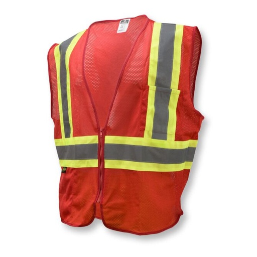 [SV22-1ZRM-M] Zipper Closure • Contrasting Trim Detail • 2 Pockets • Mesh • ANSI/ISEA 107 Type O Class 1 Red - Size M