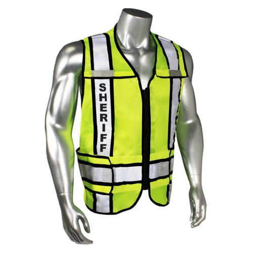 [LHV-207-3G-SHF-J] Mesh Class 2 breakaway vest w/adjust waist • 2" 3M™ silver reflective w/contrast trim • Zip-n-Rip • Mic tabs • Made in USA Sheriff - Black Trim - Hi-Vis Green - Size J