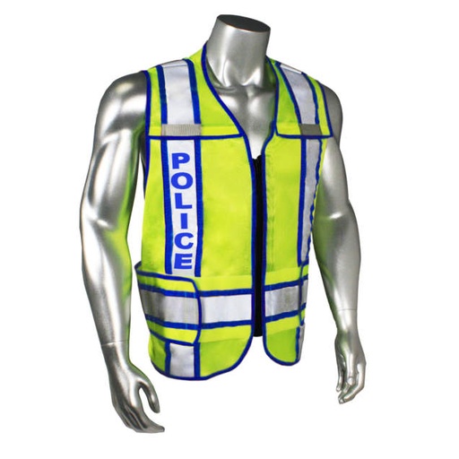 [LHV-207-3G-POL-J] Mesh Class 2 breakaway vest w/adjust waist • 2" 3M™ silver reflective w/contrast trim • Zip-n-Rip • Mic tabs • Made in USA Police - Blue Trim - Hi-Vis Green - Size J