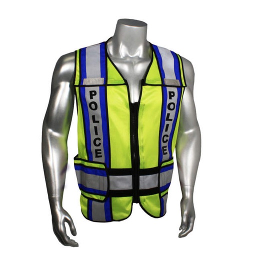 [LHV-207-4C-POL-R] Mesh Class 2 breakaway vest w/adjust waist • 2" 3M™ silver reflective w/4" contrast trim • Zip-n-Rip • Mic tabs • Made in USA Police - Blue Trim - Hi-Vis Green - Size R
