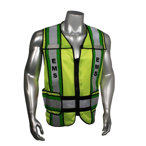 [LHV-207-4C-EMS-R] Mesh Class 2 breakaway vest w/adjust waist • 2" 3M™ silver reflective w/4" contrast trim • Zip-n-Rip • Mic tabs • Made in USA EMS - Green Trim - Hi-Vis Green - Size R