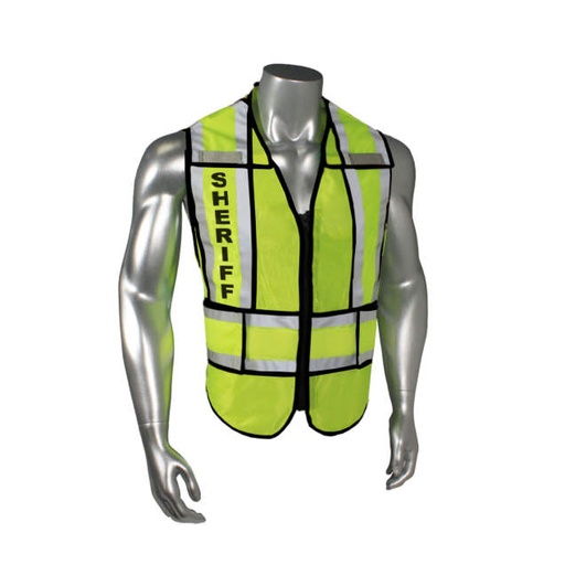 [LHV-207-SPT-SHF-R] Mesh Class 2 breakaway vest w/adjust waist • 1" split 3M™ silver reflective w/contrast trim • Zip-n-Rip • Mic tabs • Made in USA Sheriff - Black Trim - Hi-Vis Green - Size R