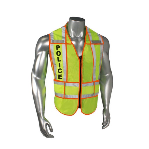 [LHV-207-OSPT-POL-R] Mesh Class 2 breakaway vest w/adjust waist • 1" split 3M™ silver reflective w/contrast trim • Zip-n-Rip • Mic tabs • Made in USA Police - Orange Trim - Hi-Vis Green - Size R