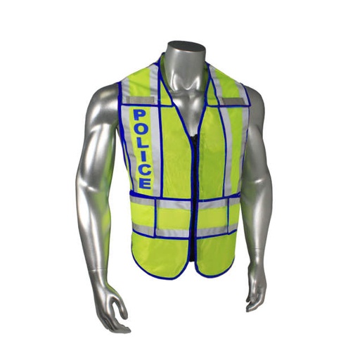 [LHV-207-SPT-POL-R] Mesh Class 2 breakaway vest w/adjust waist • 1" split 3M™ silver reflective w/contrast trim • Zip-n-Rip • Mic tabs • Made in USA Police - Blue Trim - Hi-Vis Green - Size R