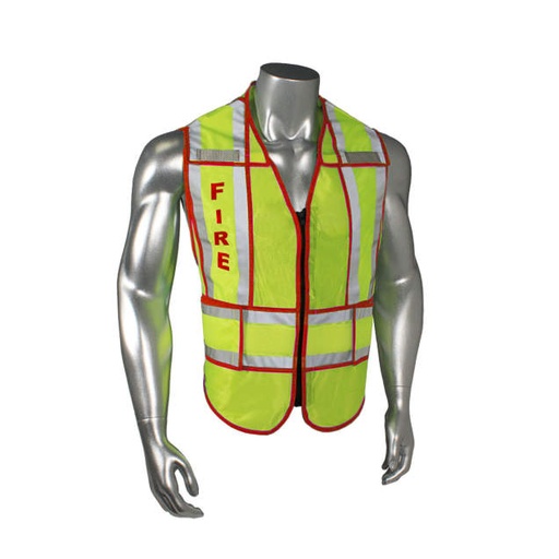 [LHV-207-SPT-FIR-J] Mesh Class 2 breakaway vest w/adjust waist • 1" split 3M™ silver reflective w/contrast trim • Zip-n-Rip • Mic tabs • Made in USA Fire - Red Trim - Hi-Vis Green - Size J