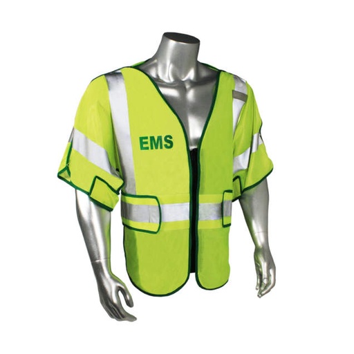 [LHV-PS3-DSZR-EMS-R] Mesh Class 3 breakaway vest w/sleeves & adjustable waist • 2" 3M™ silver reflective • Zip-n-Rip • Mic tab • Made in USA EMS - Green Trim - Green - Size R