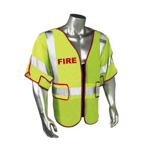 [LHV-PS3-DSZR-FR-J] Mesh Class 3 breakaway vest w/sleeves & adjustable waist • 2" 3M™ silver reflective • Zip-n-Rip • Mic tab • Made in USA Fire - Red Trim - Green - Size J