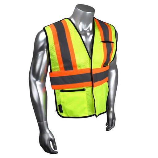 [SV010X-1G-M/2X] Vest 2 Tone Contrast Trim • 2 Front Pockets • 100% Polyester Mesh • CSA Z96 Class 1 Level 2 • ANSI/ISEA 107 Type R Class 2 Hi-Vis Green - Size M/2X