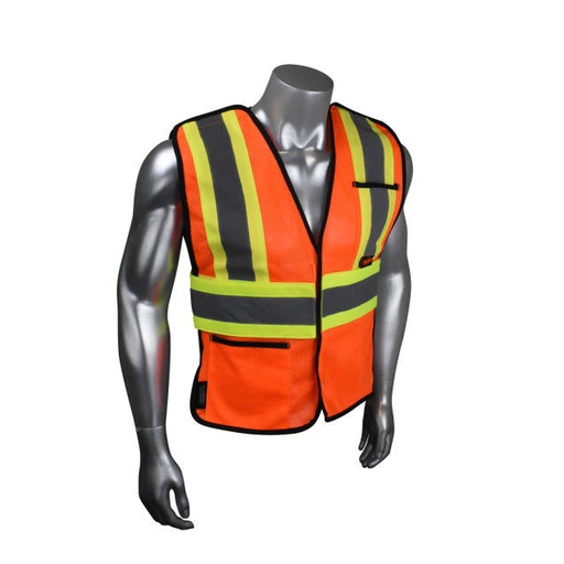 [SV010X-1O-M/2X] Vest 2 Tone Contrast Trim • 2 Front Pockets • 100% Polyester Mesh • CSA Z96 Class 1 Level 2 • ANSI/ISEA 107 Type R Class 2 Hi-Vis Orange - Size M/2X