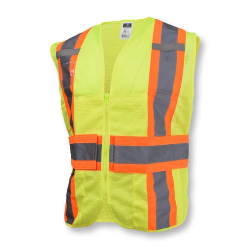 [SV23-2ZGM-M/L] Vest Adjustable Waist • Two Tone Trim • 2" Tape • Badge Holder • Zipper Closure • Multiple Divided Pockets • ANSI/ISEA 107 Type R Class 2 Hi-Vis Green - Size M/L