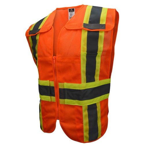 [SV24-2ZOM-3X/5X] Vest Adjustable Waist • 5pt Breakaway • 2" Tape • Badge Holder • Zipper Closure • Multiple Divided Pockets • ANSI/ISEA 107 Type R Class 2 Hi-Vis Orange - Size 3X/5X