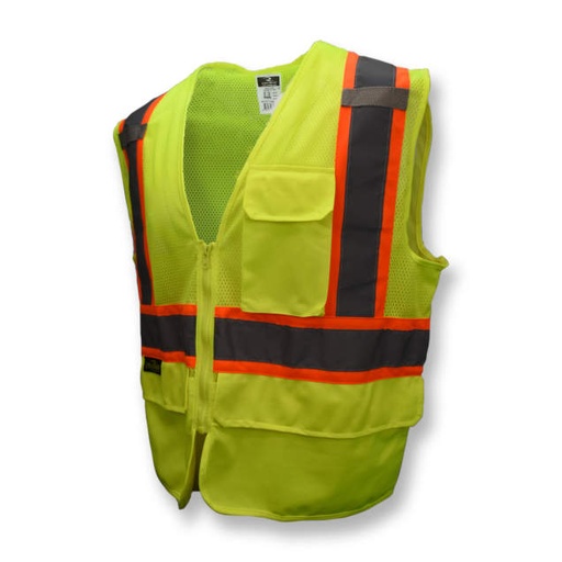 [SV272-2ZGM-M] Vest 2" Tape • 1 Horizontal Stripe with Contrasting Trim • Zipper Closure • Chest Pocket • 2 Lower Flap Pockets • ANSI/ISEA 107 Type R Class 2 Hi-Vis Green - Size M