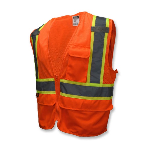 [SV272-2ZOM-M] Vest 2" Tape • 1 Horizontal Stripe with Contrasting Trim • Zipper Closure • Chest Pocket • 2 Lower Flap Pockets • ANSI/ISEA 107 Type R Class 2 Hi-Vis Orange - Size M