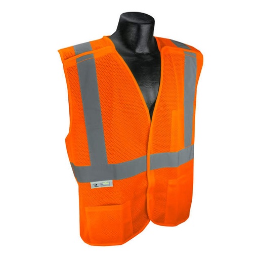 [SV4X-2VOM-M] Vest Closure: Hook & Loop • 5 Point Breakaway • 1 Chest pocket • 1 Lower Front Pocket • 100% Polyester Mesh • ANSI/ISEA 107 Type R Class 2 Hi-Vis Orange - Size M