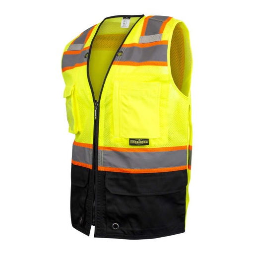 [SV51B-2ZGM-M] Vest Mesh Top and Back, Solid Color-Blocked Bottom Front • Contrast Trim • Multiple Specialty Pockets • 2 Neckline Grommets • 2 Mic Tabs Hi-Vis Green - Size M