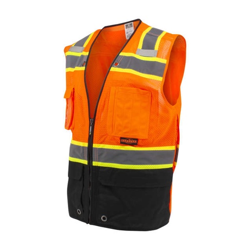 [SV51B-2ZOM-5X] Vest Mesh Top and Back, Solid Color-Blocked Bottom Front • Contrast Trim • Multiple Specialty Pockets • 2 Neckline Grommets • 2 Mic Tabs Hi-Vis Orange - Size 5X