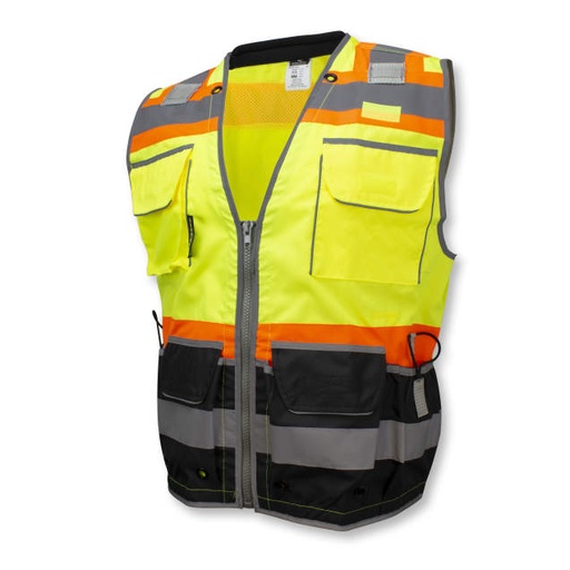 [SV55B-2ZGD-M] Vest Black Bottom Detail • Reflective Trim Edging • 2" Tape w/Contrast Trim • Zipper Closure • Flap Covered Pockets • ANSI/ISEA 107 Type R Class 2 Hi-Vis Green - Size M