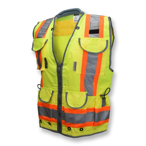 [SV55-2ZGD-M] Vest Reflective Trim Edging • 2" Tape with Contrasting Trim • Zipper Closure • Flap Covered Pockets • ANSI/ISEA 107 Type R Class 2 Hi-Vis Green - Size M