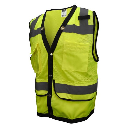 [SV59-2ZGD-M] Metal Chrome Snaps • Neck Grommets • Mesh Vest, Solid Pockets • Back Plan Pocket • Inner & Outer Pockets • ANSI/ISEA 107 Type R Class 2 Hi-Vis Green - Size M