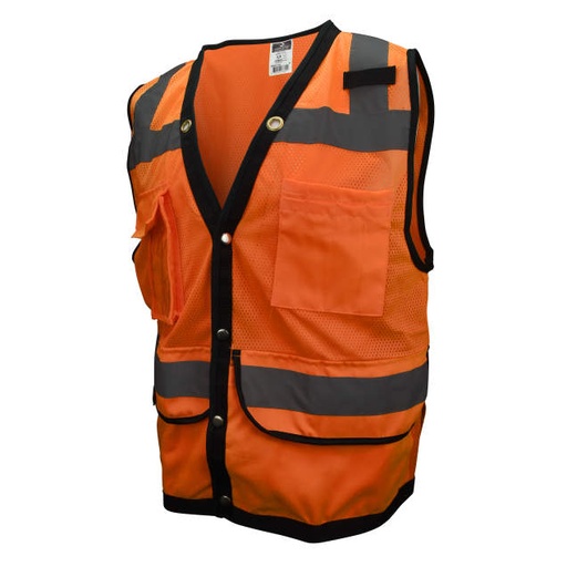 [SV59-2ZOD-5X] Metal Chrome Snaps • Neck Grommets • Mesh Vest, Solid Pockets • Back Plan Pocket • Inner & Outer Pockets • ANSI/ISEA 107 Type R Class 2 Hi-Vis Orange - Size 5X