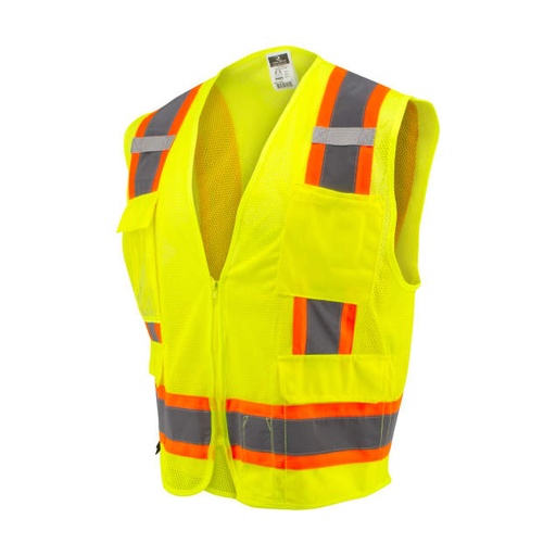 [SV6-2ZGM-4X] Vest 2" Tape • Horizontal Tape • Mesh Front & Back • Zipper Closure • Inside & Outside Pockets • ANSI/ISEA 107 Type R Class 2 Hi-Vis Green - Size 4X