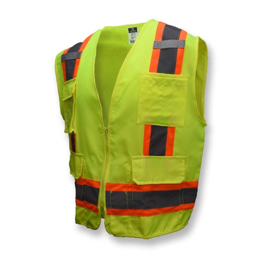 [SV62-2ZGT-4X] Vest 2" Tape • 1 Horizontal Tape • Solid Twill Front & Back • Zipper Closure • Inside and Outside Pockets • ANSI/ISEA 107 Type R Class 2 Hi-Vis Green - Size 4X