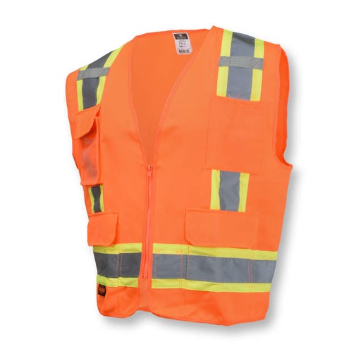 [SV62-2ZOT-L] Vest 2" Tape • 1 Horizontal Tape • Solid Twill Front & Back • Zipper Closure • Inside and Outside Pockets • ANSI/ISEA 107 Type R Class 2 Hi-Vis Orange - Size L