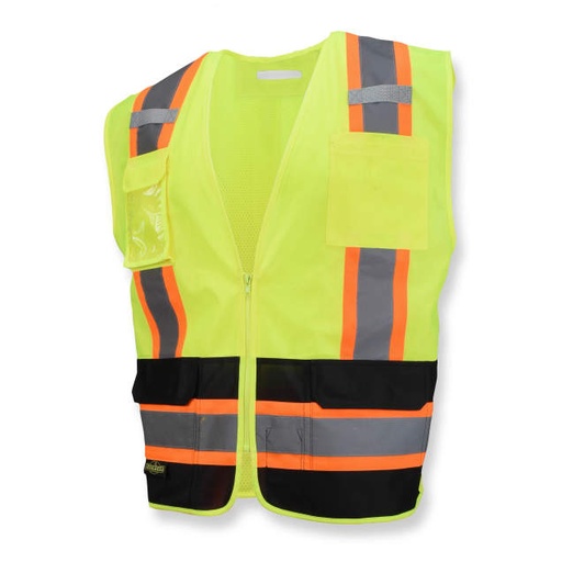 [SV6B-2ZGD-L] Vest Black Bottom Panel • Zip Closure • Contrast Trim Detail • Dual Mic Tabs • 8 Pockets • Solid Knit Front/Mesh Back • ANSI/ISEA 107 Type R Class 2 Hi-Vis Green / Black - Size L