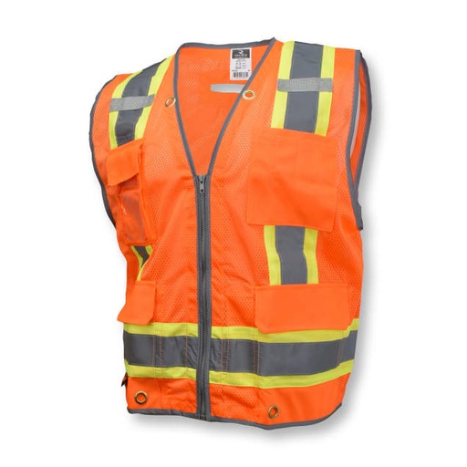 [SV6HO-M] Vest Heavy Duty #5 Zipper • 2" Silver Reflective with Contrasting Trim • D-Ring Pass Through • Multiple Pockets • ANSI/ISEA 107 Type R Class 2 Hi-Vis Orange - Size M