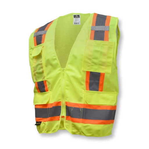 [SV6GM] Vest 2" Tape • 1 Horizontal Tape • Solid Front / Mesh Back • Zipper Closure • Inside and Outside Pockets • ANSI/ISEA 107 Type R Class 2 Hi-Vis Green - Size M