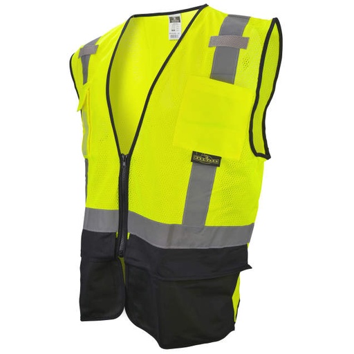 [SV7B-2ZGM-L/XL] Vest 2" Tape • 1 Horizontal Tape • Solid Front/Mesh Back •  Black Bottom Detail • Zip Closure • Inner&Outer Pockets • ANSI/ISEA 107 Type R Class 2 Hi-Vis Green / Black - Size L/XL